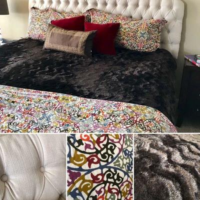 KING headboard, mattress, box spring and frame @ $250. Crate and Barrel duvet cover (king) @ $40. Shams @ $12 each. Pillows @ $7 each....