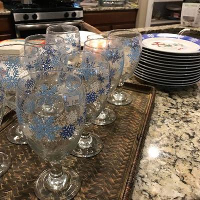 Christmas snow flake glasses @ $2 each. Wicker tray @ $18. Snowman plates @ $2 each.