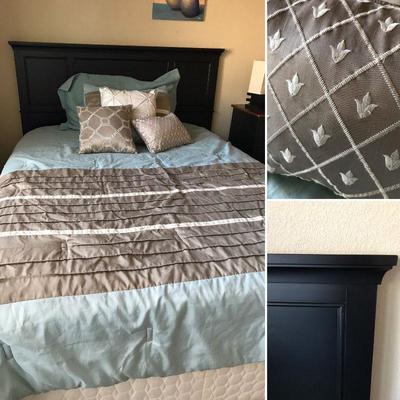 QUEEN wood headboard, mattress, box spring and frame. $150 .... Comforter + matching sham (includes pillow) @ $24