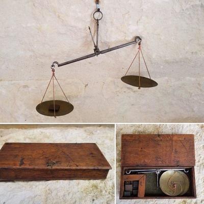 Antique Early Victorian Apothecary/Jewelry Scales And Weights In Wooden Case @ $45
