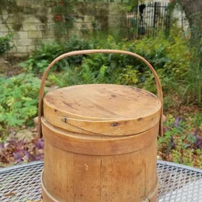 Antique wooden firkin sugar bucket with lid. $98