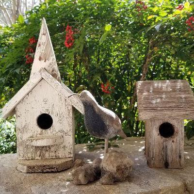 Vintage weathered birdhouses. Left @ $42. Right @ $24.