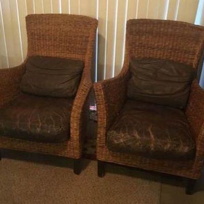 KET031 Two Rattan Chairs with Leather Seats