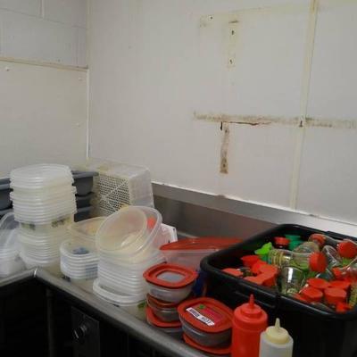Lot of misc. plastic storage containers; soy sauce ...
