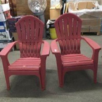 Two Red Plastic Adirondack Chairs