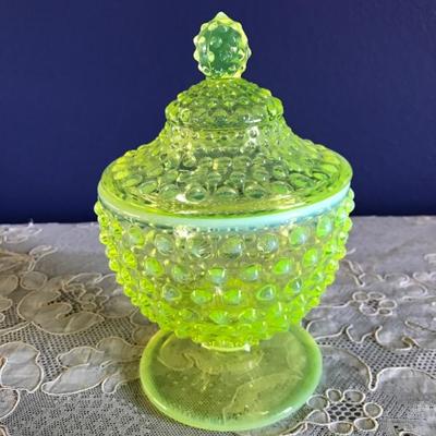 Fenton hobnail Vaseline opalescent small candy dish