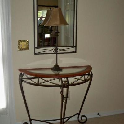 Metal, Wood and Glass Demilune Entry Table with Metal Framed Mirror; Table Lamp.