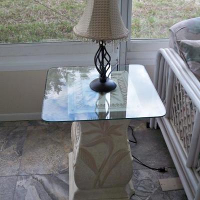 Square Pottery Base " Bird of Paradise " with Glass Top End Table; Table Lamp.