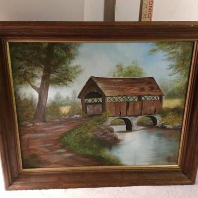 covered bridge framed oil painting
