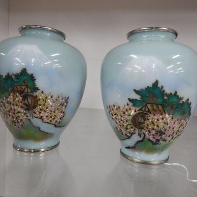 Pair of Japanese Mt.Fugi Cloisonne Vases 