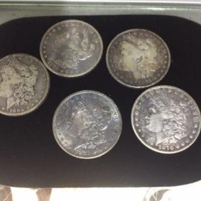 5 Morgan Silver Dollars,1879-1881-1882