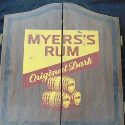 Myers Rum wood case and dart board