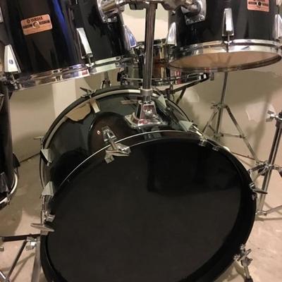 Yamaha drum set - 5 drums, cymbals, high hat, stands, stool and mic stands