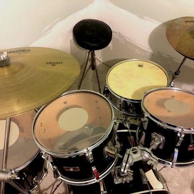 Yamaha drum set - 5 drums, cymbals, high hat, stands, stool and mic stands