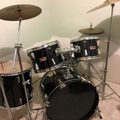 Yamaha drum set - 5 drums, cymbals, high hat, stands, stool and mic stands