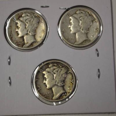 3 1942 Mercury silver dimes P-D-S mint marks