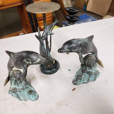 Brass Dolphin Statues and Candle Holder