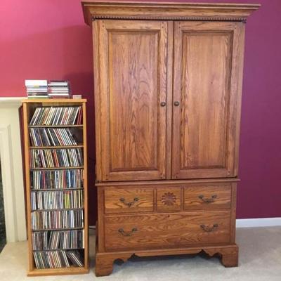 300+ CD Collection, Oak Armoire, and CD Shelf Lot