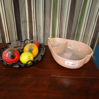 Bowl shaped pear and a glass fruit with platter.