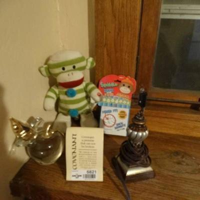 Lot with home decor, sock monkey game, dancing soc ...