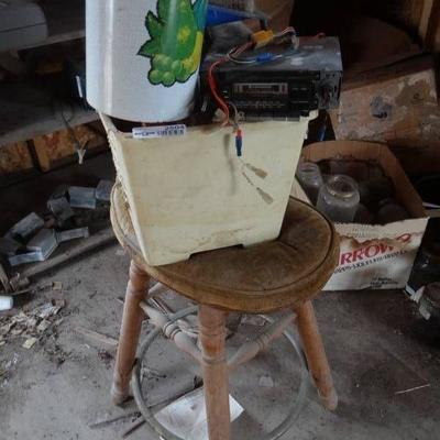 Old car radio, small dust pan, stool, & more.