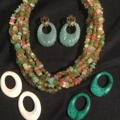 14K Earrings & Stone Necklace