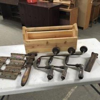 Wood Tool Box w Hinges, Hand Drills, Wedge