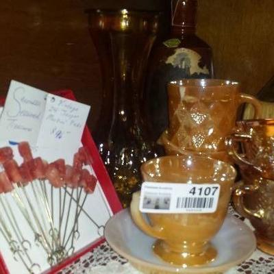 Marigold & Carnival Glass Cups, Vase & Bottles Lot