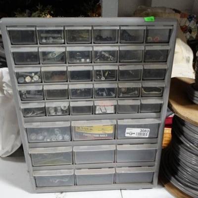 39 drawer parts bin with contents.