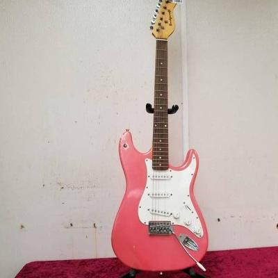 Bridgecraft Pink White Electric Guitar with Stand