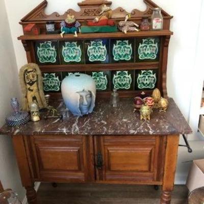 Antique English Wash Stand Tile Back and Marble Top 