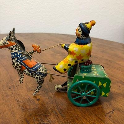 CIRCUS CLOWN HORSE CART VINTAGE 1960'S RUSSIAN USSR WIND UP TIN TOY  