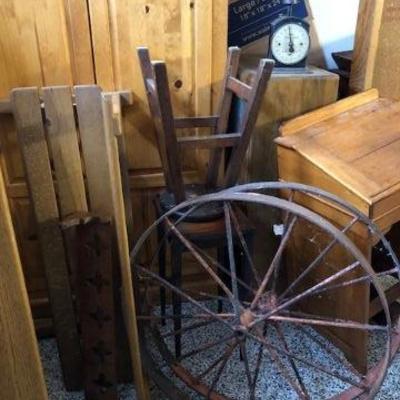 Vintage Wagon Wheels, Scales and Desks 