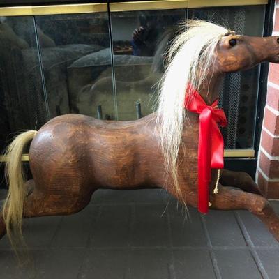 Large Wooden Horse with real Horse Hair Mane & Tail 