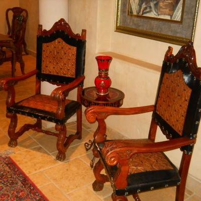 Europoean carved leather and wood royalty chair
