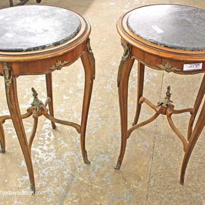  PAIR of ANTIQUE French Style Marble Top Lamp Tables with Applied Bronze

Located Inside â€“ Auction Estimate $200-$400 
