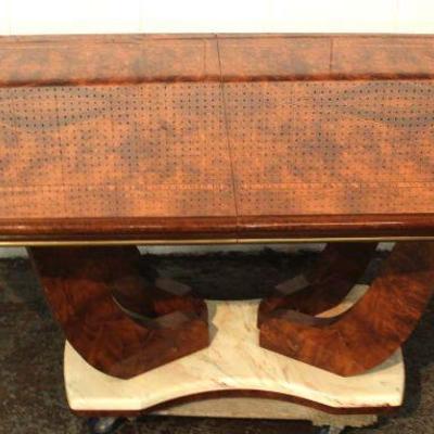 9 Piece Italian Style Burl Mahogany Lacquer Inlaid and Banded Dining Room Set â€“ table has 2 leaves

Located Inside â€“ Auction...