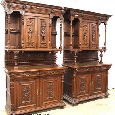  PAIR of ANTIQUE Highly Carved and Ornate Continental 3 Piece Hunt Cupboards with Full Figure Carvings and Griffins

Located Inside –...