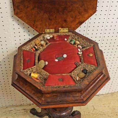  ANTIQUE Burl Mahogany Octagon Lift Top Sewing Stand with Contents

Located Inside – Auction Estimate $200-$400 