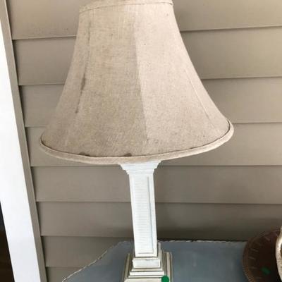 Wooden lamp with burlap shade $28