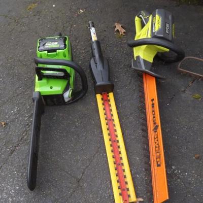 Ryobi 16" Cordless
Greenworks Pro 24" Cordless 
Chargers & batteries included