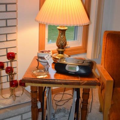 Side Table, Lamp, Wood Carrier, & CD Player