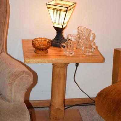 Side Table, Lamp, & Glassware