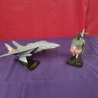 Metal Fighter Jet and Helicopter on Stands