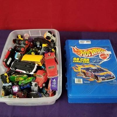 Plastic Tote of Matchbox Cars and Hot Wheels 48 Ca ...