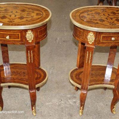  PAIR of Mahogany Inlaid and Banded French Style One Drawer 2 Tier Stands with Applied Bronze â€“ auction estimate $100-$300 