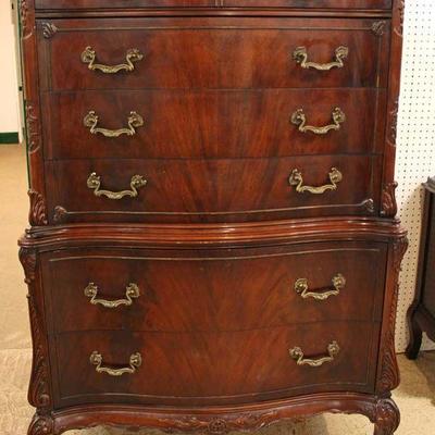  6 Piece Burl Mahogany VINTAGE Bedroom Set with Carved Swan Heads on Low Chest and Full Size Bed â€“ auction estimate $700-$1500 