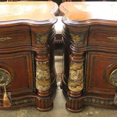 PAIR of Marble Top and Inlaid Carved Contemporary Night Stands â€“ auction estimate $200-$400 