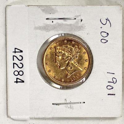  U.S. 1901 Gold $5.00 Coin â€“ auction estimate $300-$600 