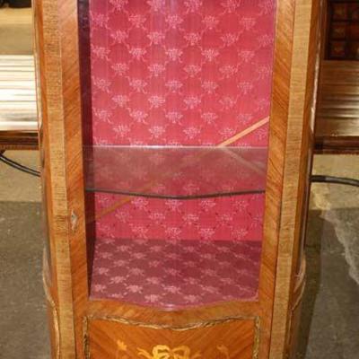  Mahogany French Inlaid and Banded Button Tufted Crystal Cabinet â€“ auction estimate $200-$400 